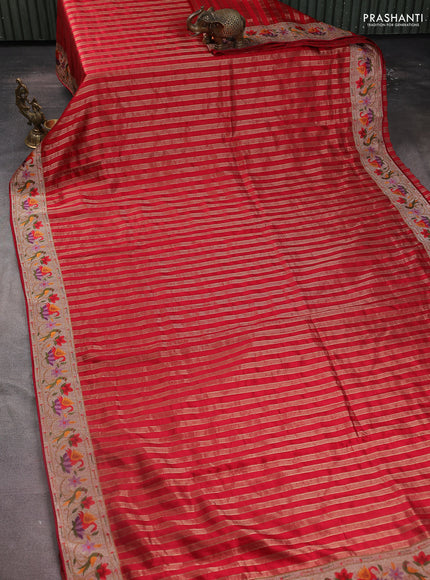 Pure raw silk saree red with allover zari woven stripe pattern and embroidery pallu & border