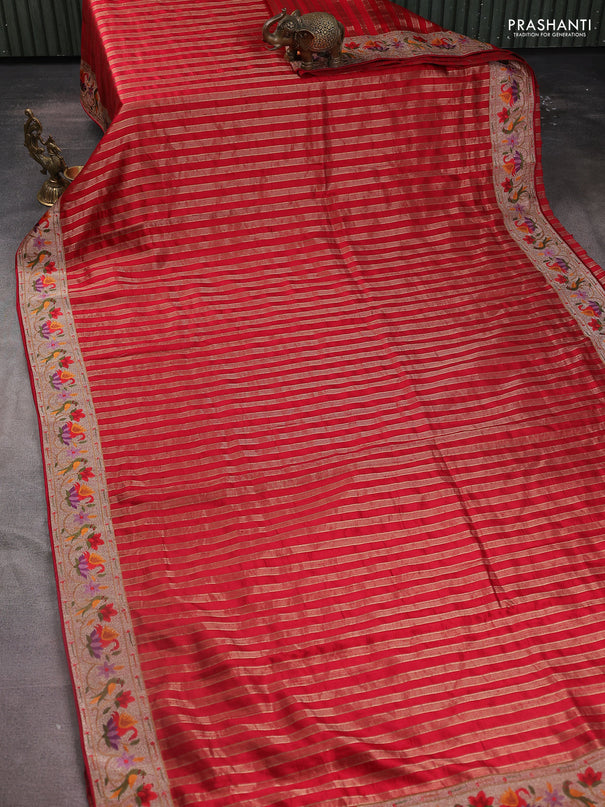 Pure raw silk saree red with allover zari woven stripe pattern and embroidery pallu & border