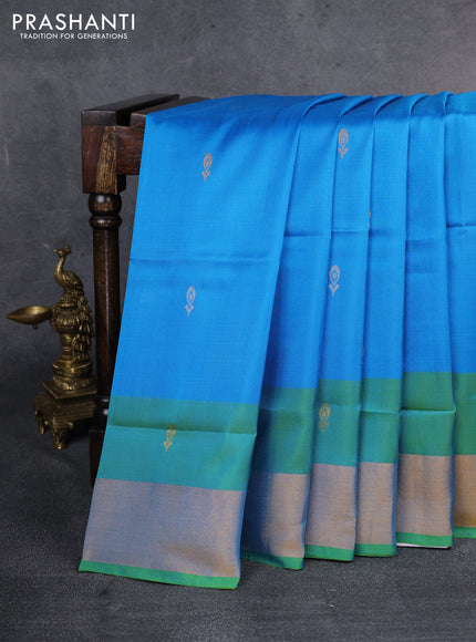 Pure uppada silk saree cs blue and green shade with silver & gold zari woven buttas and zari woven border