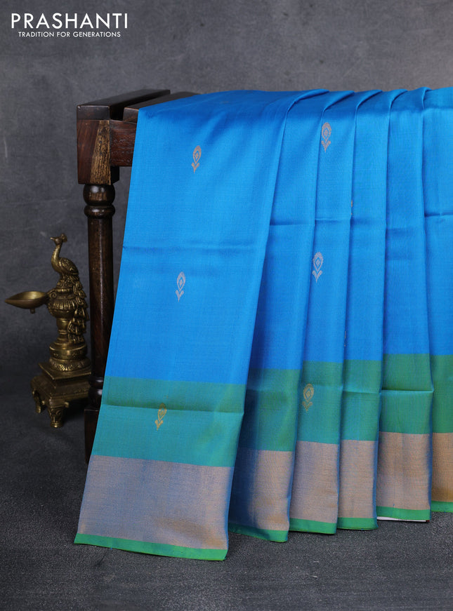 Pure uppada silk saree cs blue and green shade with silver & gold zari woven buttas and zari woven border