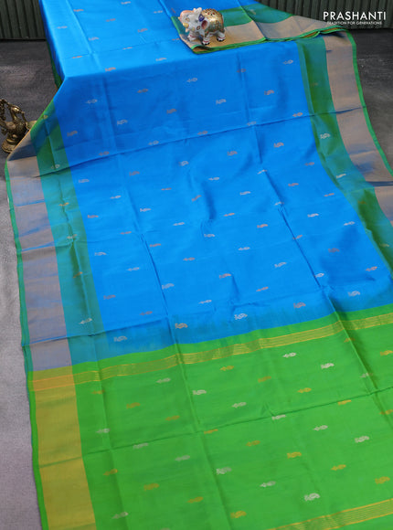 Pure uppada silk saree cs blue and green shade with silver & gold zari woven buttas and zari woven border