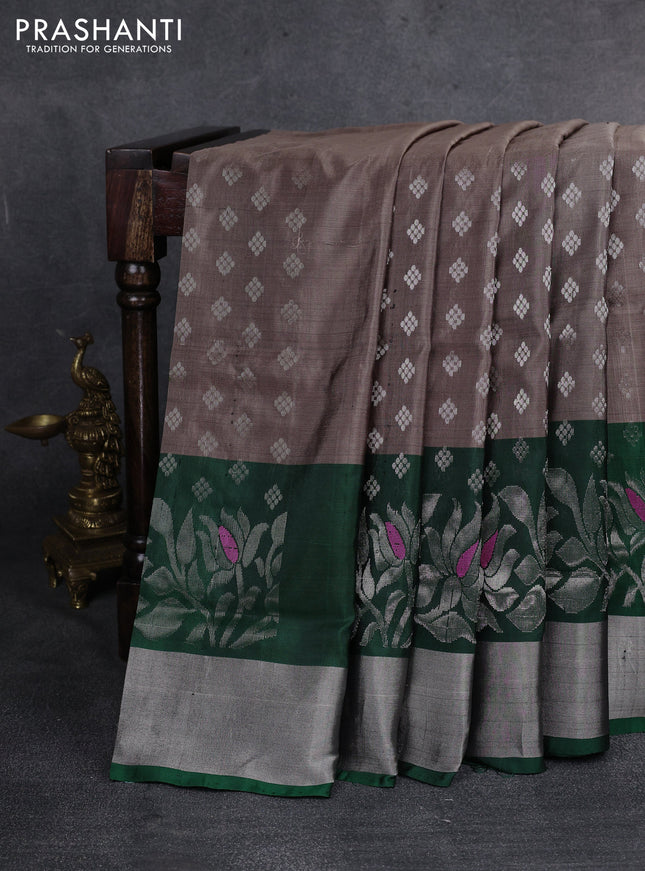 Pure uppada silk saree brown and green with allover silver zari woven buttas and rich silver zari woven border