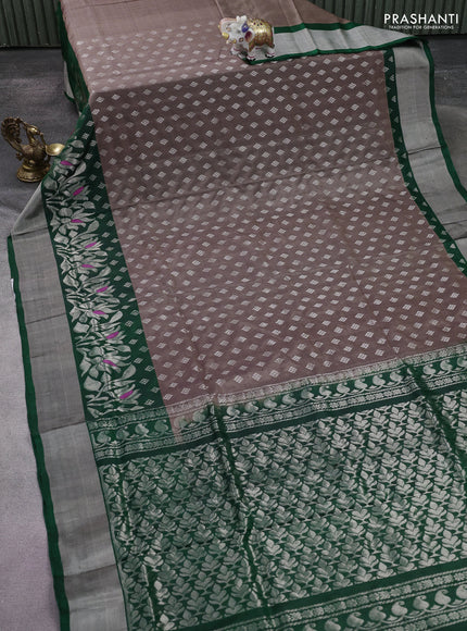 Pure uppada silk saree brown and green with allover silver zari woven buttas and rich silver zari woven border