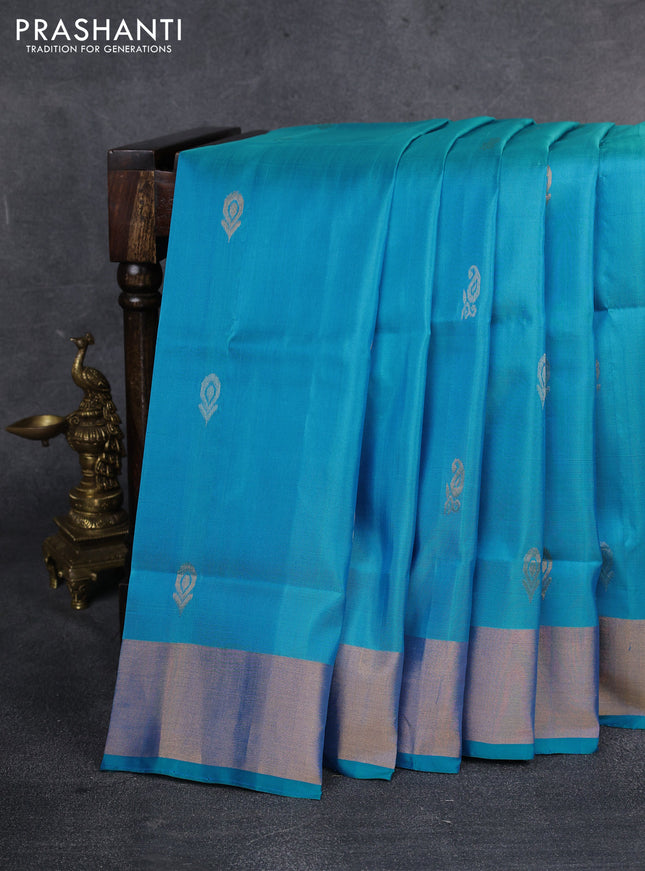Pure uppada silk saree light blue with silver & gold zari woven buttas and zari woven border