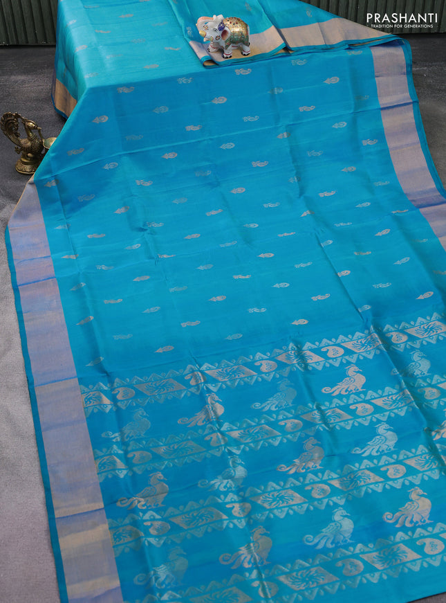 Pure uppada silk saree light blue with silver & gold zari woven buttas and zari woven border