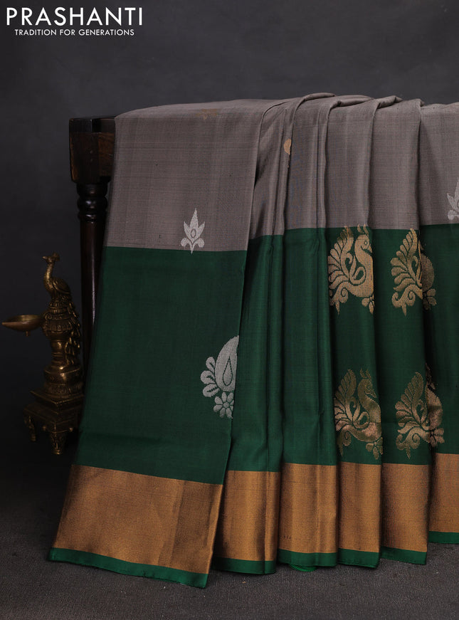 Pure uppada silk saree grey and green with silver & gold zari woven buttas and zari woven border
