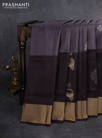 Pure uppada silk saree grey and deep coffee brown with silver & gold zari woven buttas and zari woven border