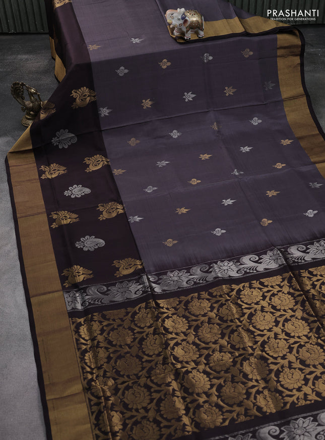 Pure uppada silk saree grey and deep coffee brown with silver & gold zari woven buttas and zari woven border