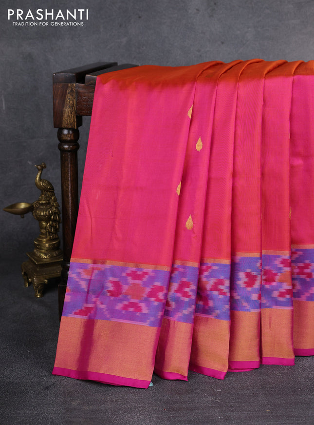 Pure uppada silk saree dual shade of pink and dual shade of cs blue with zari woven tilak buttas and zari woven ikat style border