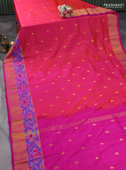 Pure uppada silk saree dual shade of pink and dual shade of cs blue with zari woven tilak buttas and zari woven ikat style border