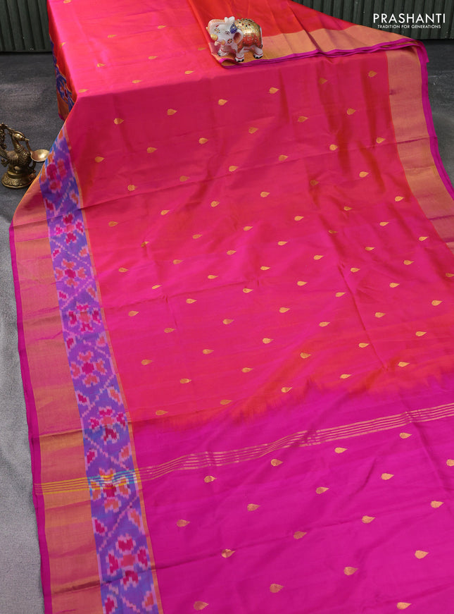 Pure uppada silk saree dual shade of pink and dual shade of cs blue with zari woven tilak buttas and zari woven ikat style border