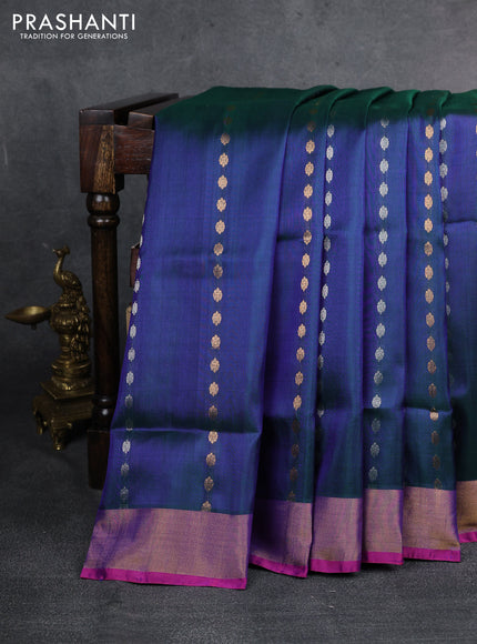 Pure uppada silk saree dual shade of bluish green with allover silver & gold zari weaves and zari woven border