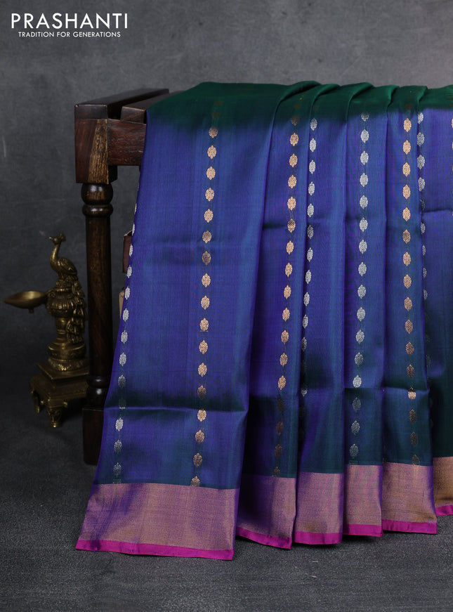 Pure uppada silk saree dual shade of bluish green with allover silver & gold zari weaves and zari woven border