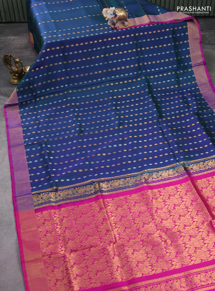 Pure uppada silk saree dual shade of bluish green with allover silver & gold zari weaves and zari woven border