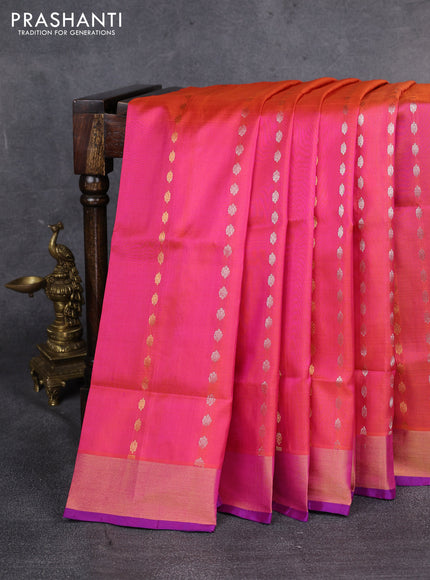 Pure uppada silk saree dual shade of pinkish orange and blue with allover silver & gold zari weaves and zari woven border