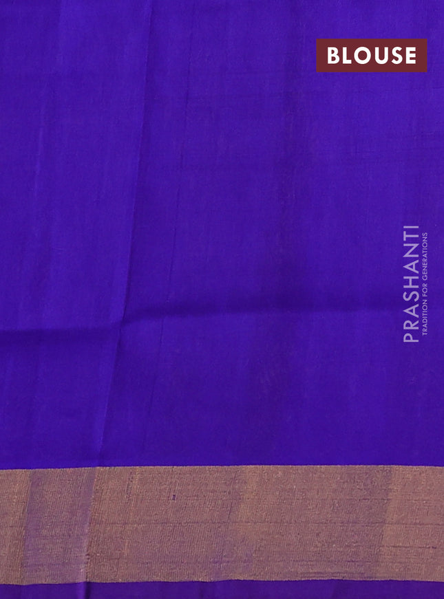 Pure uppada silk saree dual shade of pinkish orange and blue with allover silver & gold zari weaves and zari woven border