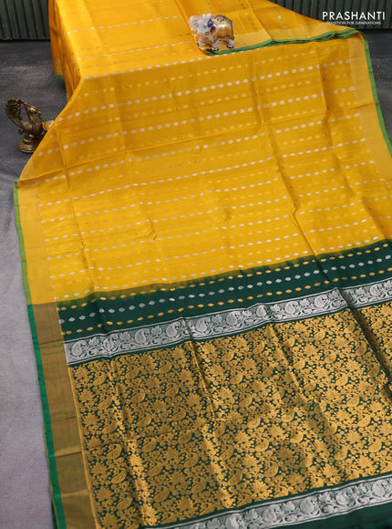 Pure uppada silk saree mustard yellow and green with allover silver & gold zari weaves and zari woven border