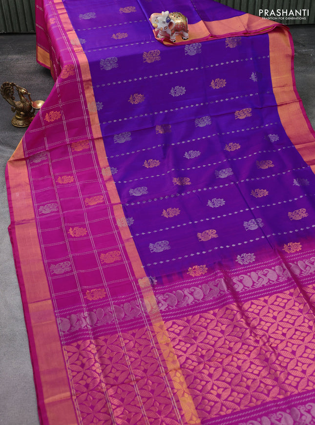 Pure uppada silk saree purple and pink with allover silver & gold zari weaves and long zari woven border