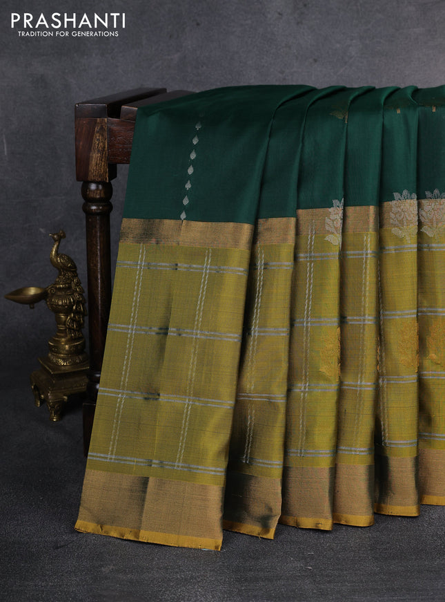 Pure uppada silk saree green and mustard yellow with allover silver & gold zari weaves and long zari woven border
