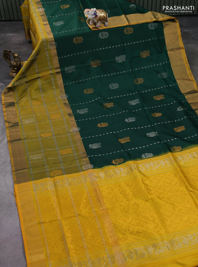 Pure uppada silk saree green and mustard yellow with allover silver & gold zari weaves and long zari woven border
