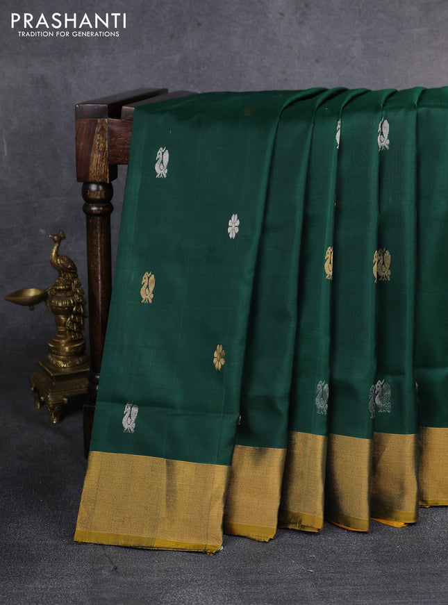 Pure uppada silk saree green and mustard yellow with silver & gold zari woven buttas and zari woven border