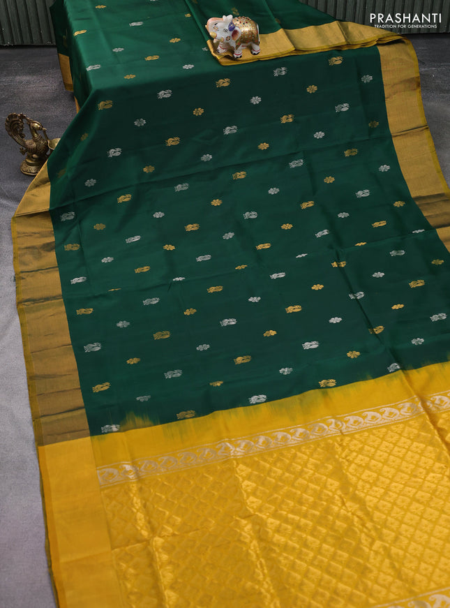 Pure uppada silk saree green and mustard yellow with silver & gold zari woven buttas and zari woven border