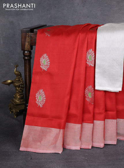 Pure uppada silk saree red with silver zari woven buttas and silver zari woven border