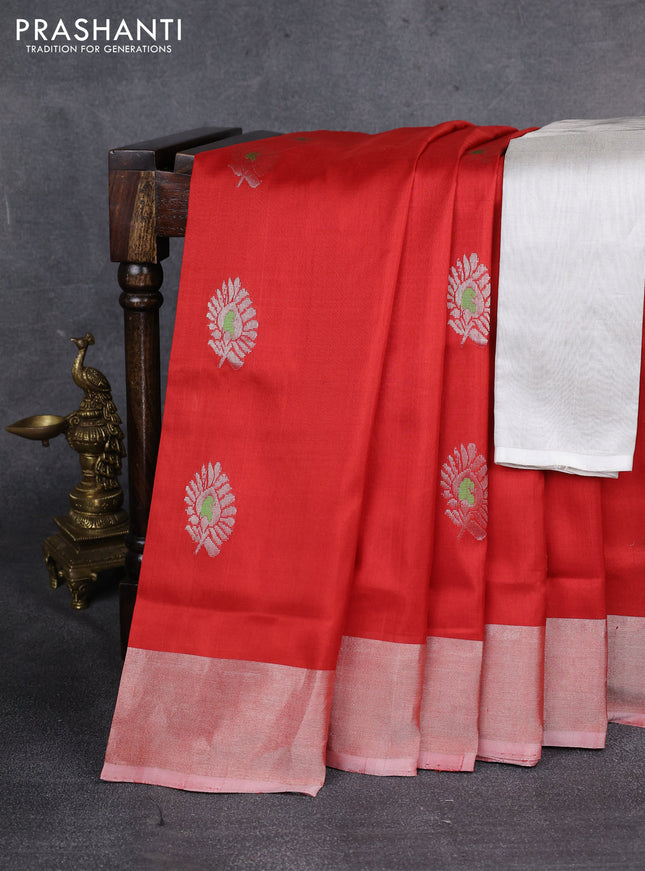 Pure uppada silk saree red with silver zari woven buttas and silver zari woven border
