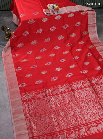 Pure uppada silk saree red with silver zari woven buttas and silver zari woven border