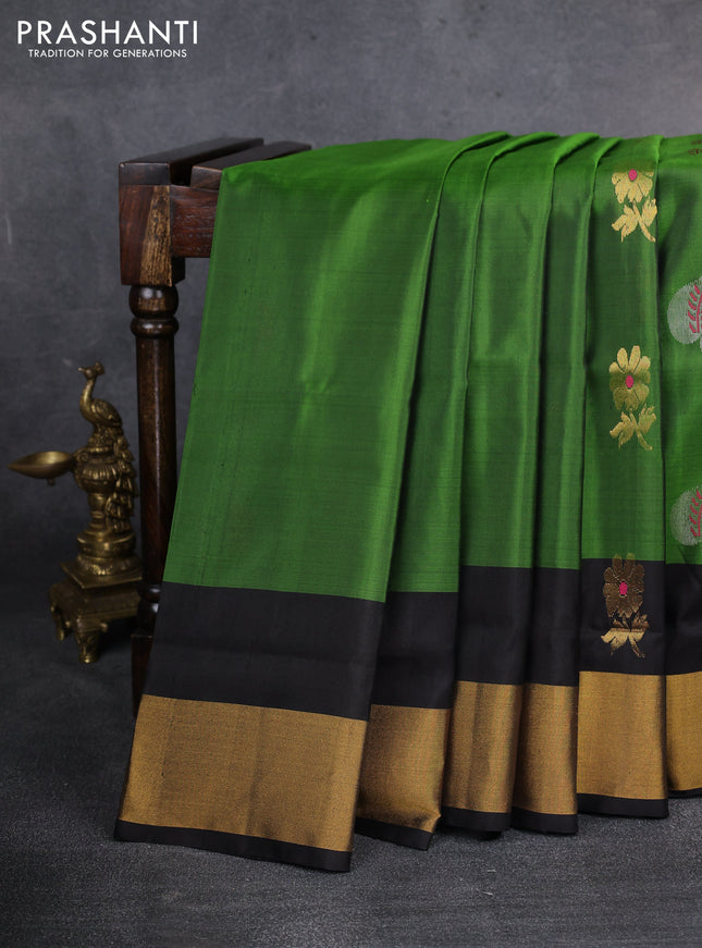Pure uppada silk saree green and black with silver & gold zari woven buttas and zari woven border