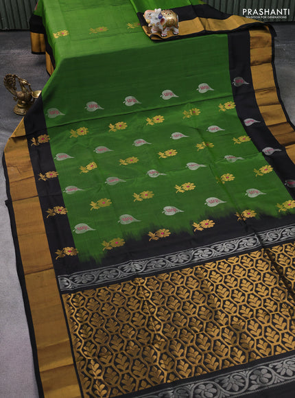 Pure uppada silk saree green and black with silver & gold zari woven buttas and zari woven border