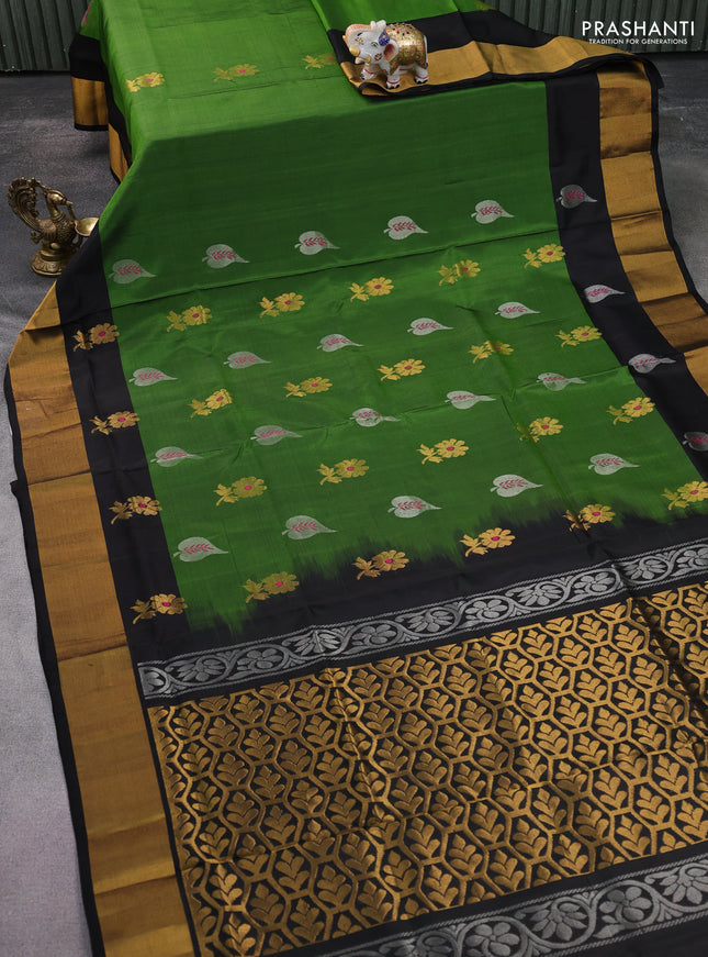 Pure uppada silk saree green and black with silver & gold zari woven buttas and zari woven border