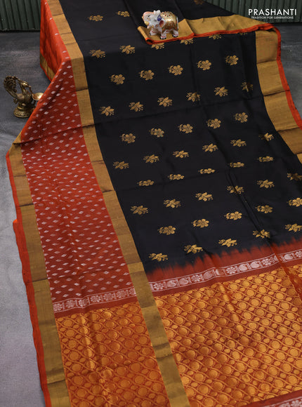 Pure uppada silk saree black and rustic orange with zari woven buttas and long zari woven butta border