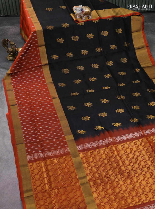 Pure uppada silk saree black and rustic orange with zari woven buttas and long zari woven butta border