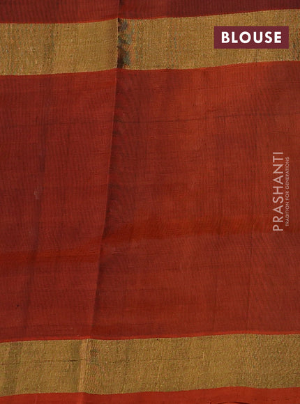 Pure uppada silk saree black and rustic orange with zari woven buttas and long zari woven butta border
