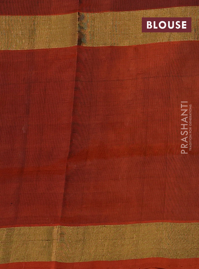Pure uppada silk saree black and rustic orange with zari woven buttas and long zari woven butta border