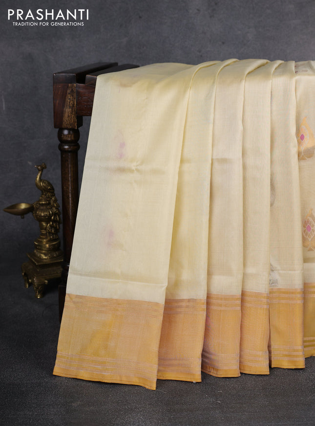 Pure uppada silk saree cream and mustard yellow with silver & gold zari woven buttas and rettapet zari woven border
