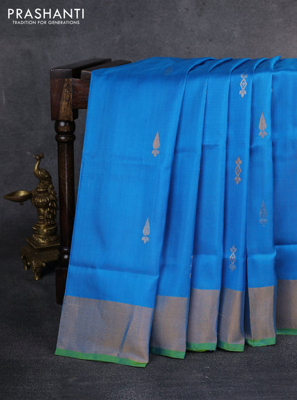 Pure uppada silk saree cs blue and light green with silver & gold zari woven buttas and zari woven border