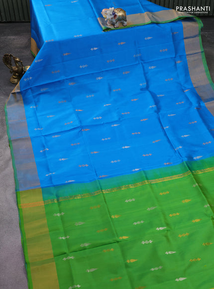 Pure uppada silk saree cs blue and light green with silver & gold zari woven buttas and zari woven border
