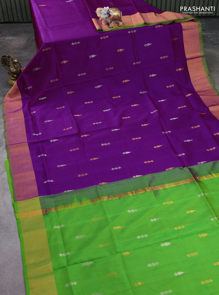 Pure uppada silk saree purple and light green with silver & gold zari woven buttas and zari woven border