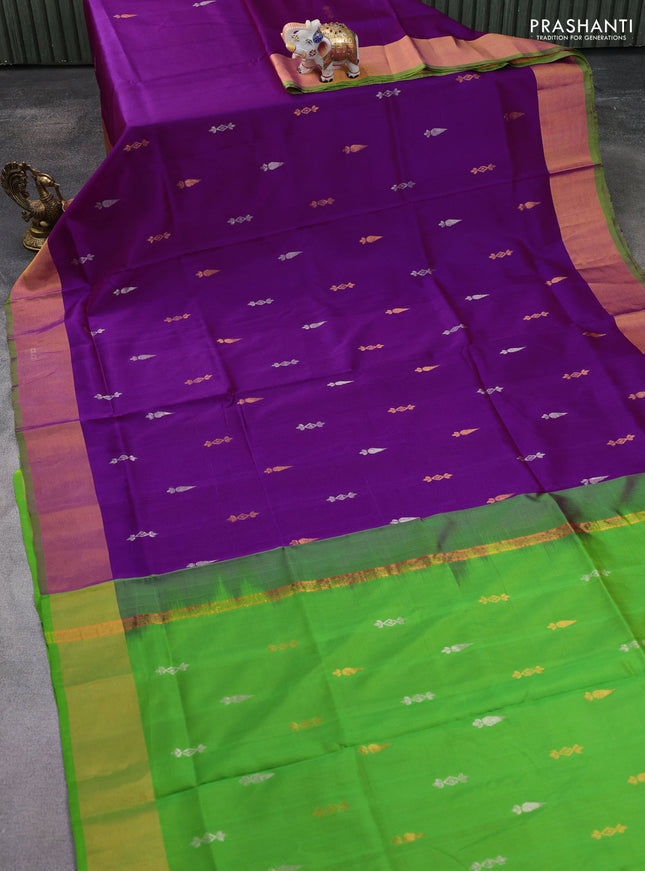 Pure uppada silk saree purple and light green with silver & gold zari woven buttas and zari woven border