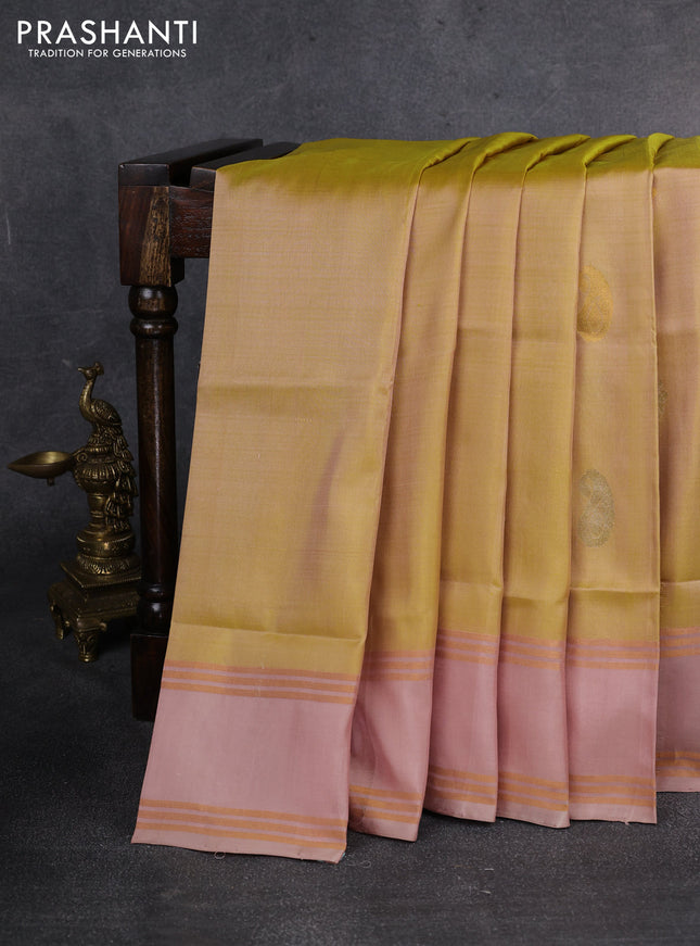 Pure uppada silk saree yellow and peach shade with silver & gold zari woven buttas and zari woven border