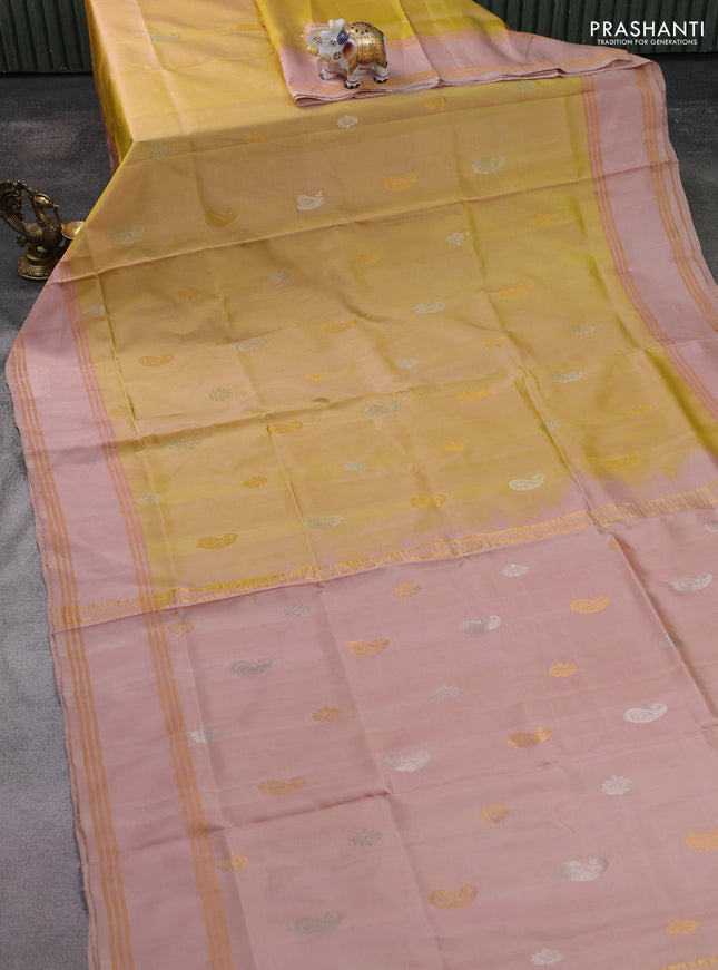 Pure uppada silk saree yellow and peach shade with silver & gold zari woven buttas and zari woven border