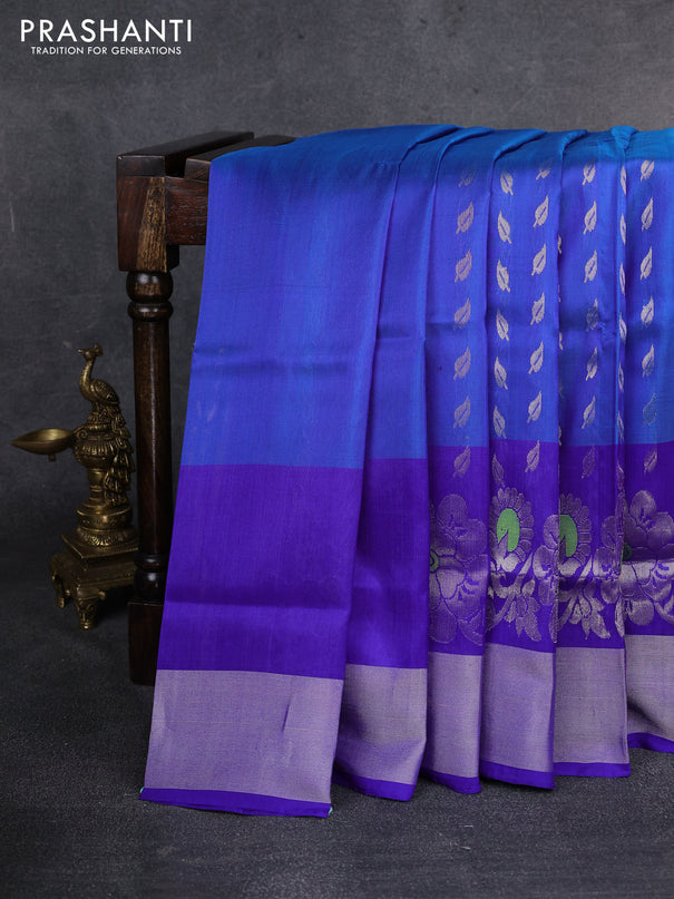 Pure uppada silk saree cs blue and blue with allover silver zari woven leaf buttas and rich silver zari woven border