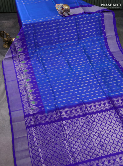 Pure uppada silk saree cs blue and blue with allover silver zari woven leaf buttas and rich silver zari woven border