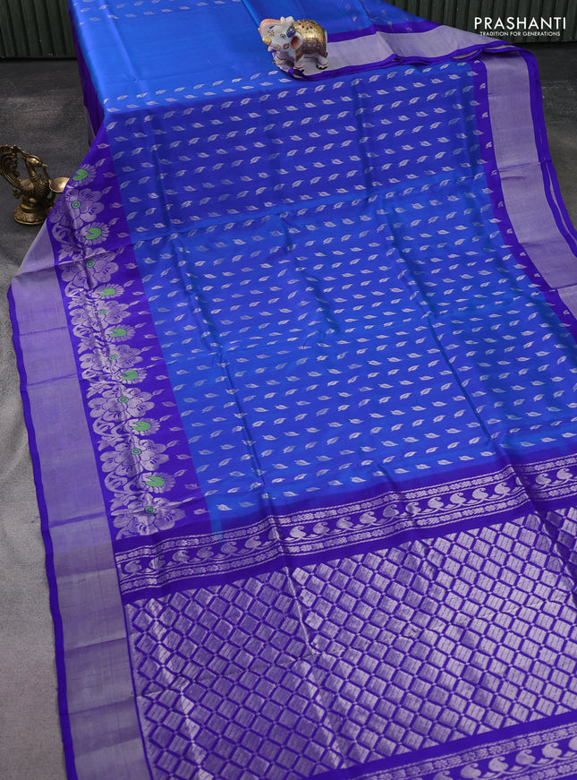 Pure uppada silk saree cs blue and blue with allover silver zari woven leaf buttas and rich silver zari woven border
