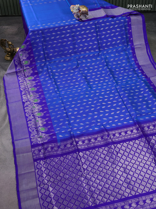 Pure uppada silk saree cs blue and blue with allover silver zari woven leaf buttas and rich silver zari woven border
