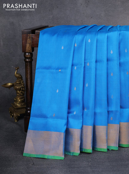 Pure uppada silk saree cs blue and light green with silver & gold zari woven buttas and zari woven border