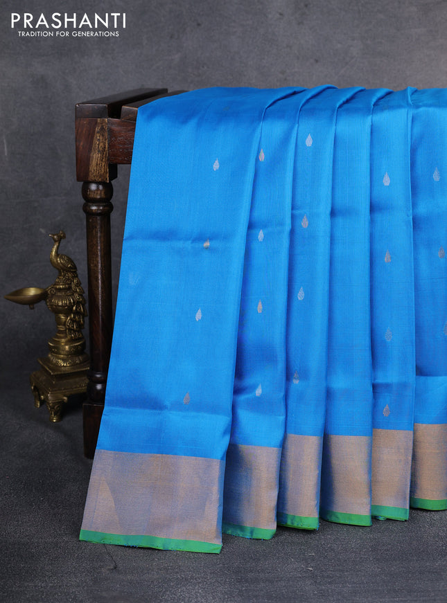 Pure uppada silk saree cs blue and light green with silver & gold zari woven buttas and zari woven border