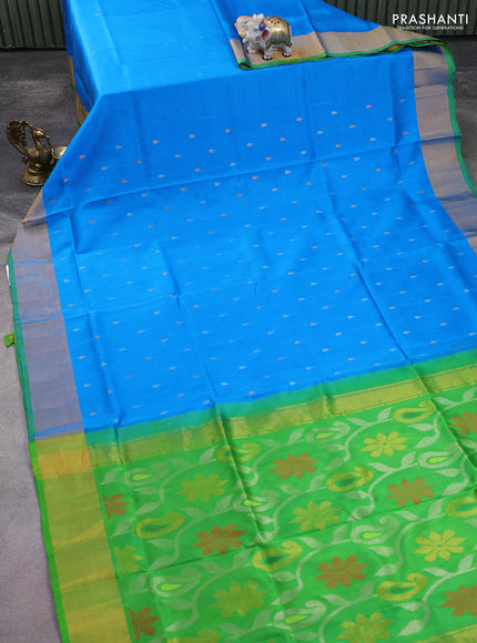 Pure uppada silk saree cs blue and light green with silver & gold zari woven buttas and zari woven border